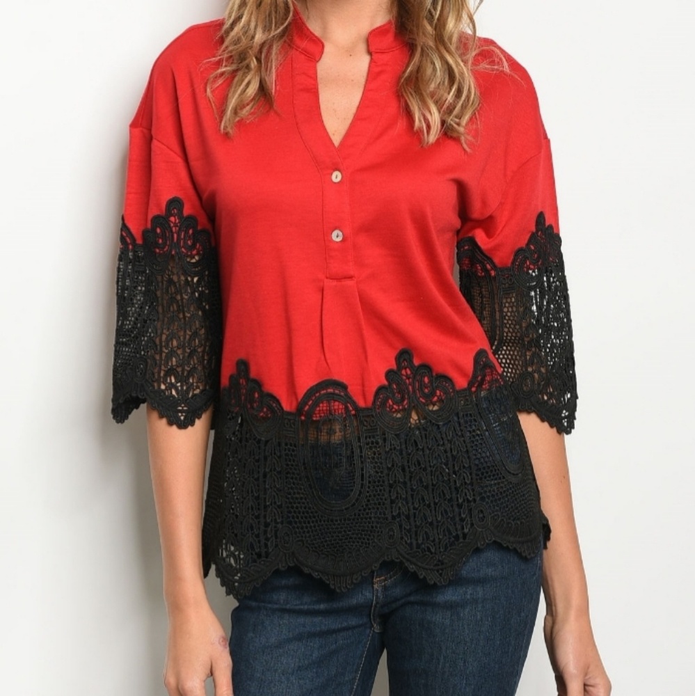 🎉HOST PICK🎉Red Top Blk Embroidered Sleeve/Bottom - Picture 2 of 4